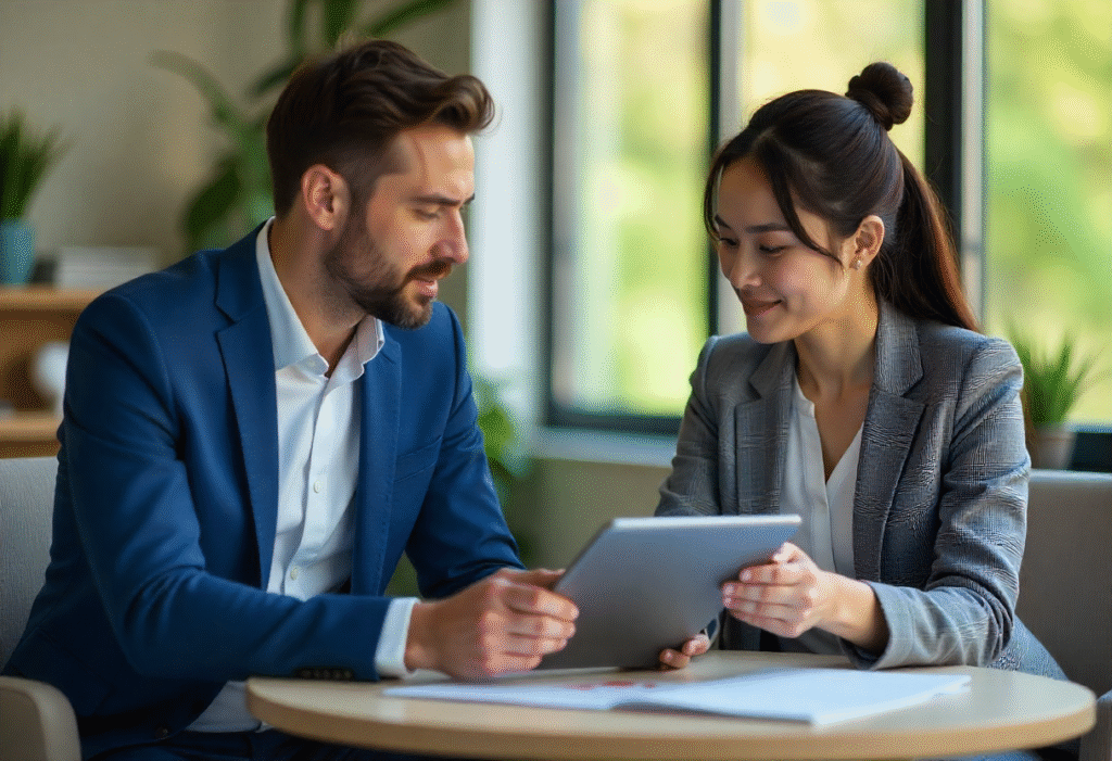 Deux professionnels discutant d’un projet immobilier sur tablette dans un cadre lumineux